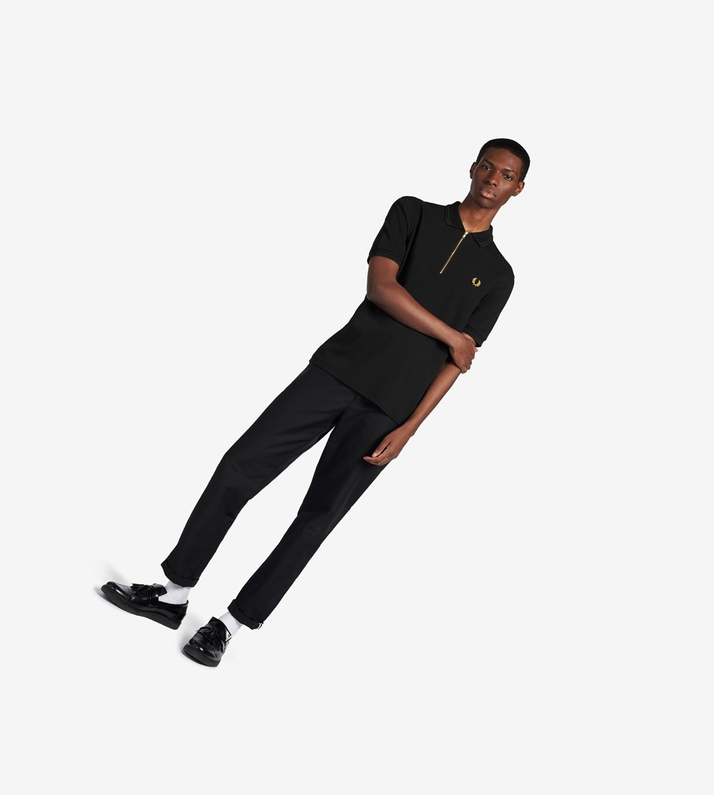 Black Fred Perry Zip Neck Men's Polo Shirts | MHFBZ-0598