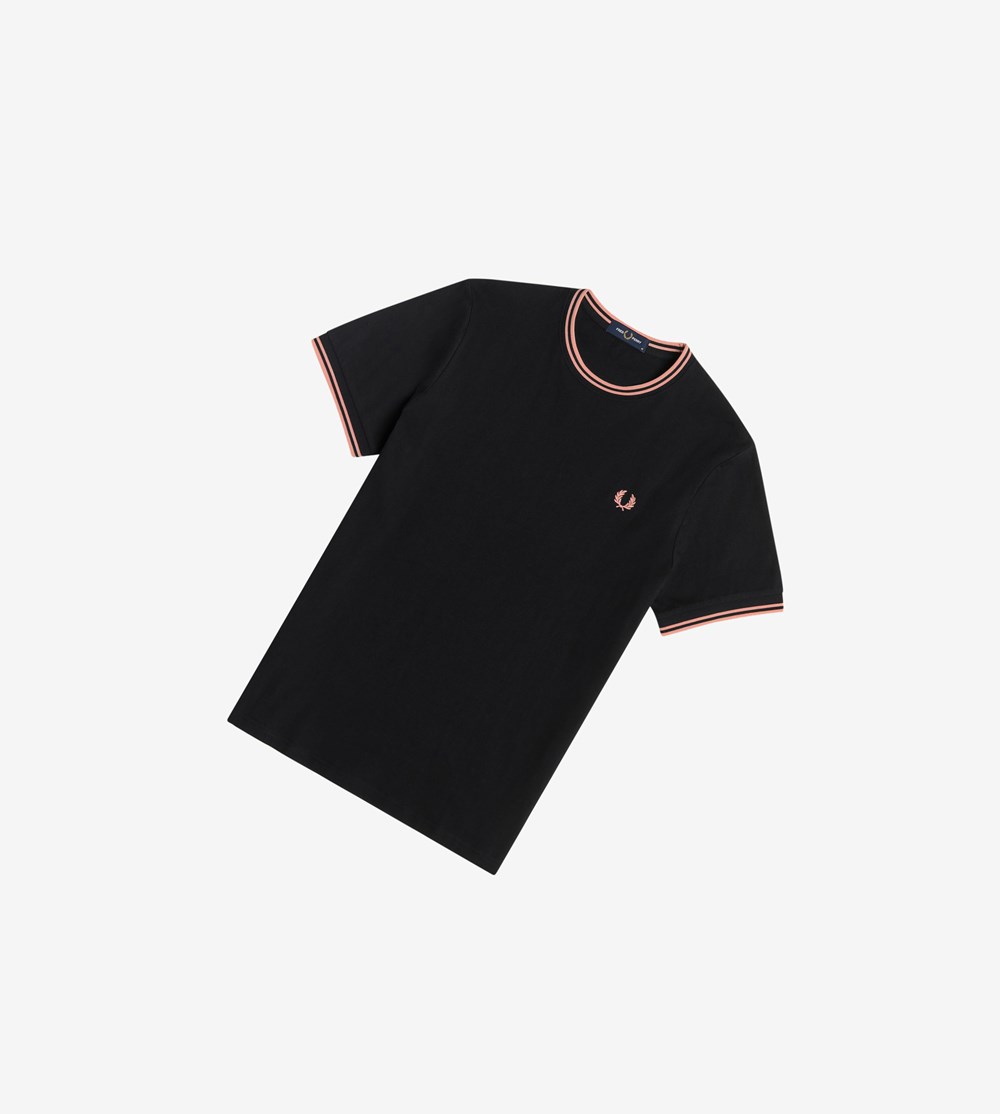 Black / Pink Coral Fred Perry Twin Tipped Men\'s T Shirts | PLCOD-7804