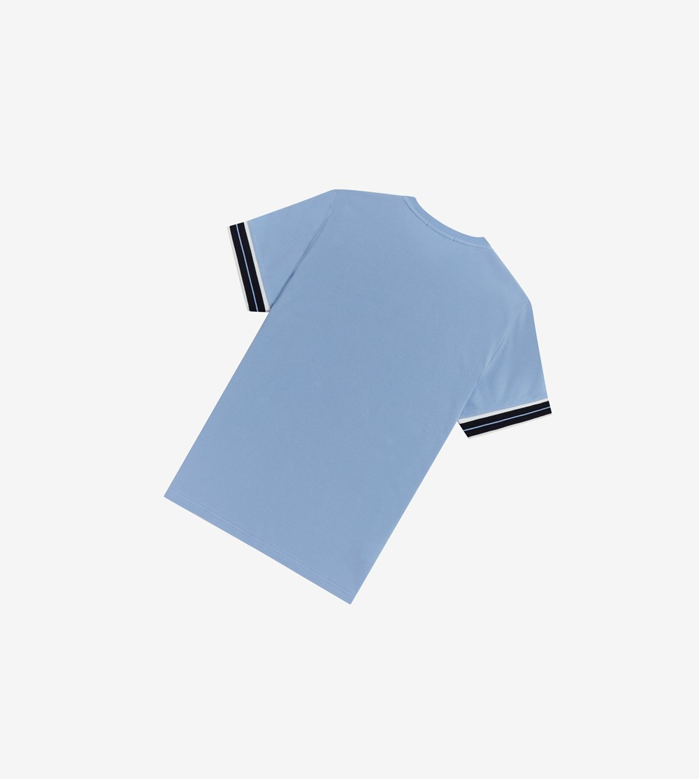 Blue Fred Perry Tramline Tipped Piqué Men's T Shirts | WQNRV-9486