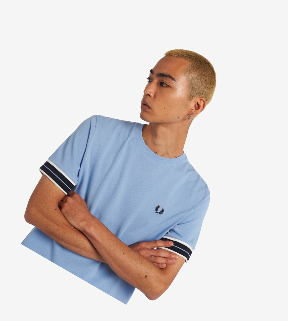 Blue Fred Perry Tramline Tipped Piqué Men's T Shirts | WQNRV-9486