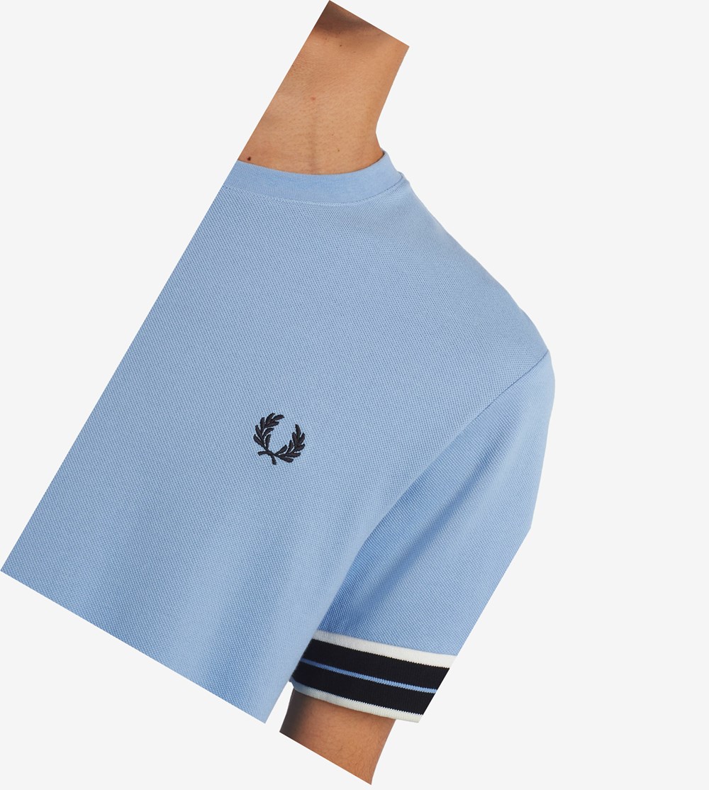 Blue Fred Perry Tramline Tipped Piqué Men's T Shirts | WQNRV-9486