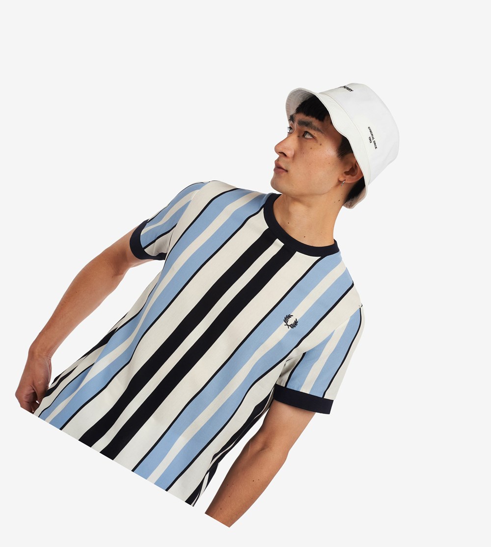 Blue Fred Perry Vertical Stripe Piqué Men's T Shirts | KOTFN-0815