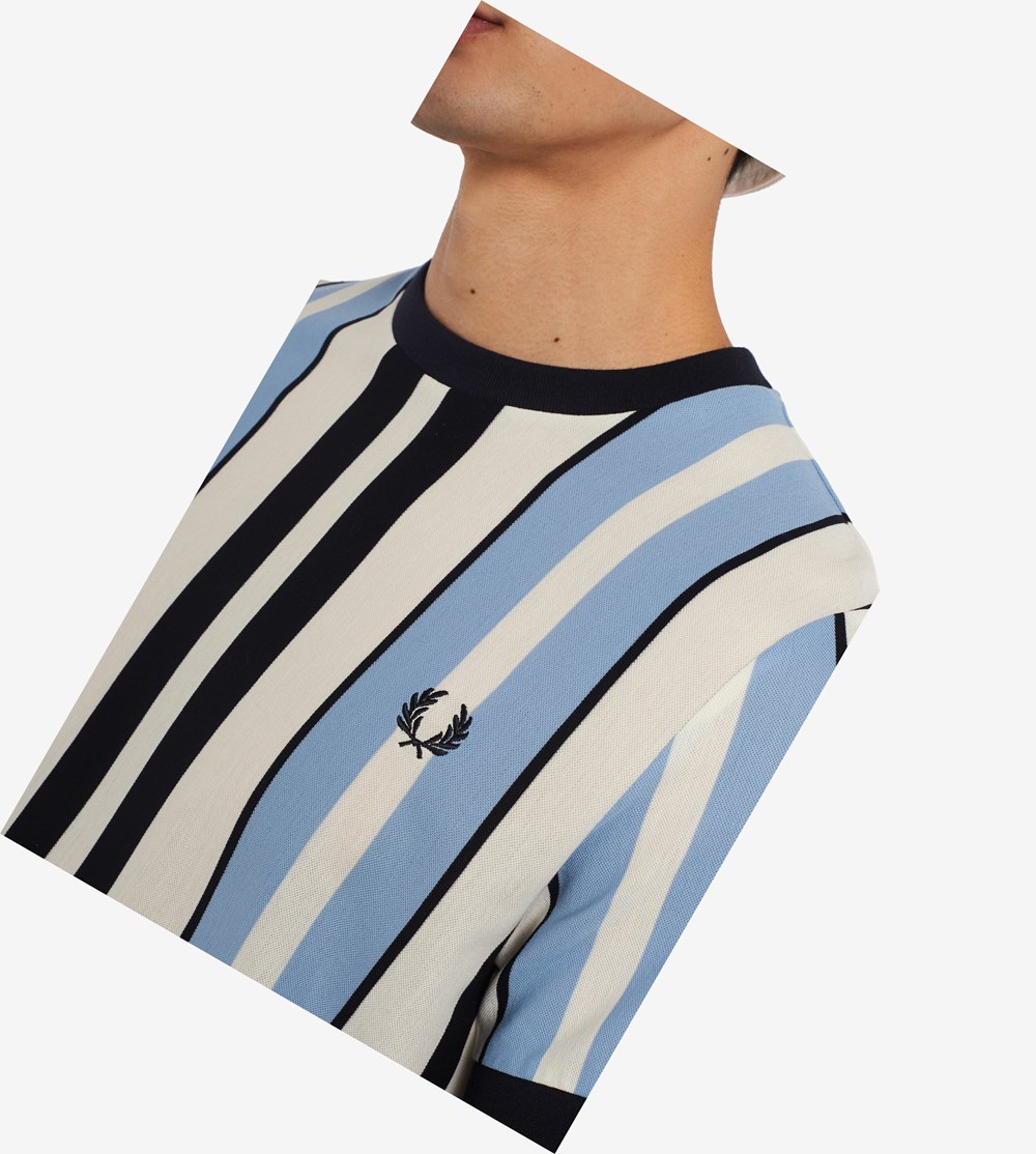 Blue Fred Perry Vertical Stripe Piqué Men's T Shirts | KOTFN-0815