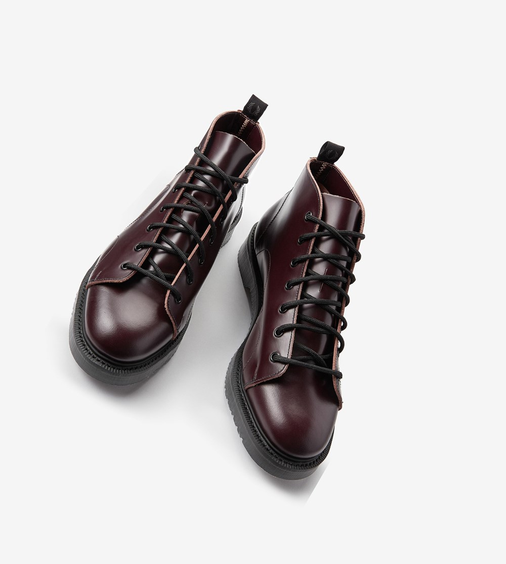 Burgundy Fred Perry George CoxLeather Monkey Boots Men's Boots | CHQBM-9853