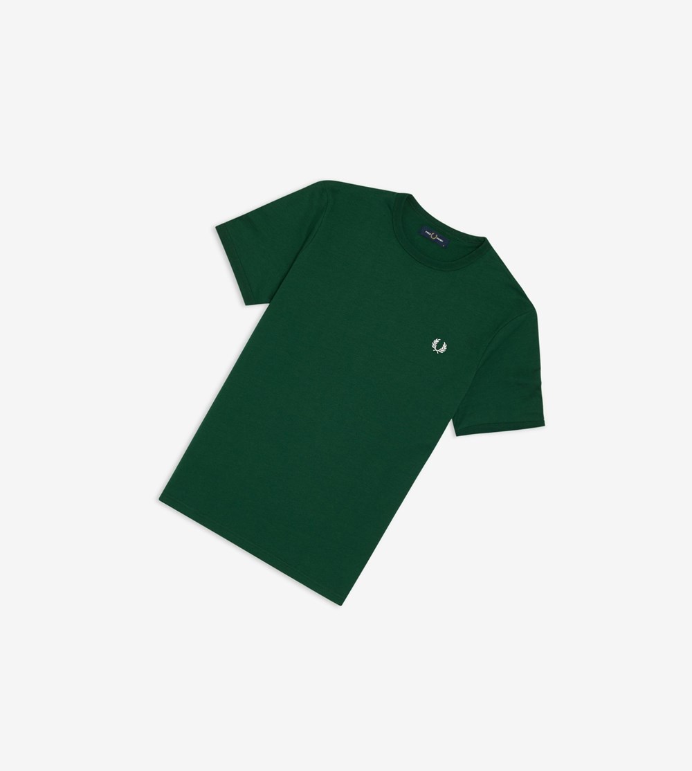 Dark Green Fred Perry Ringer Men's T Shirts | QNMFH-6239