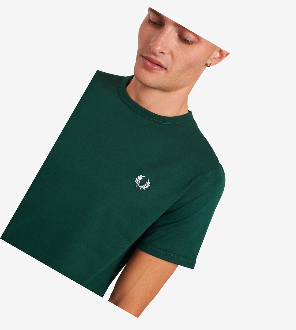 Dark Green Fred Perry Ringer Men's T Shirts | QNMFH-6239