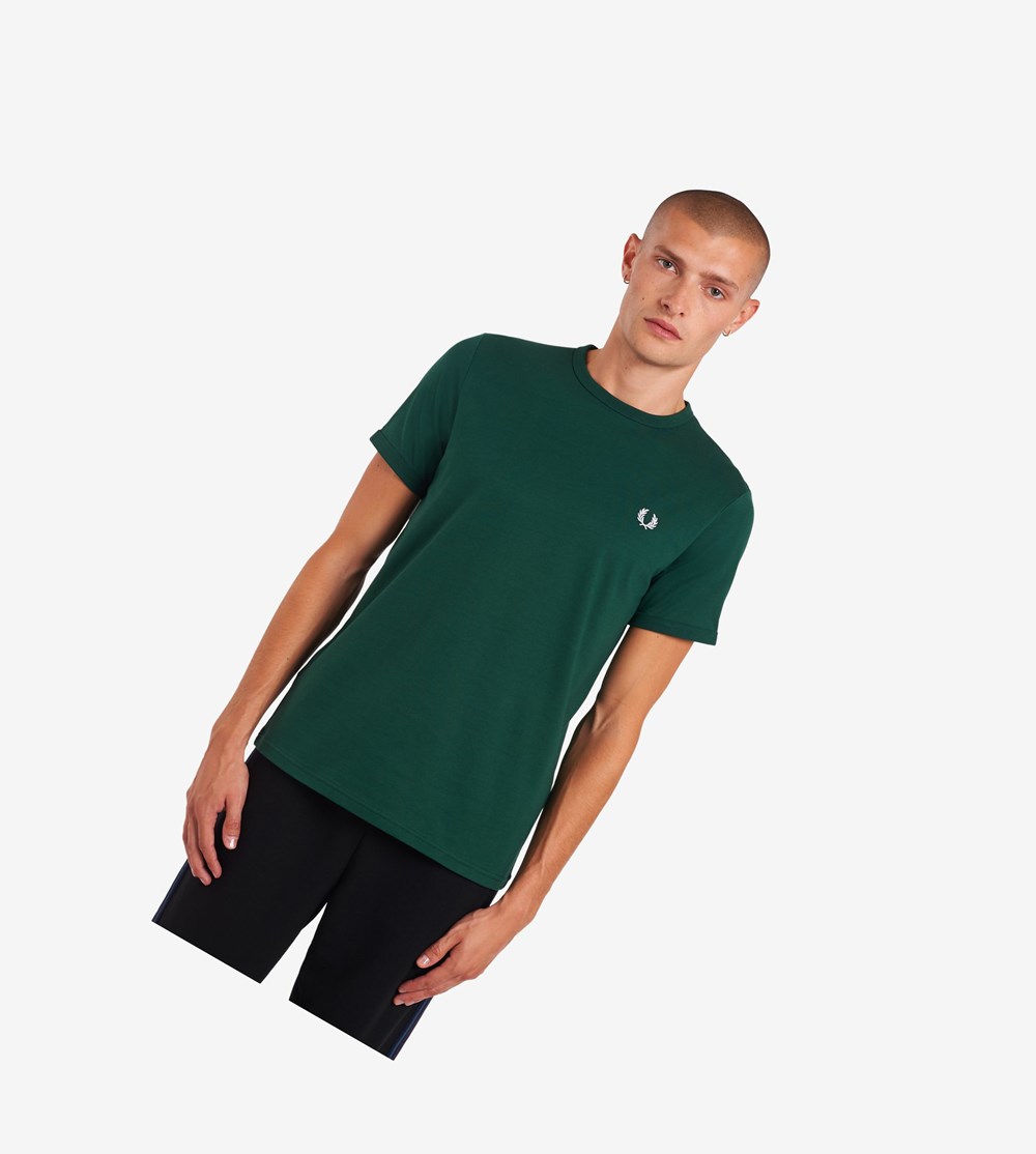 Dark Green Fred Perry Ringer Men\'s T Shirts | QNMFH-6239