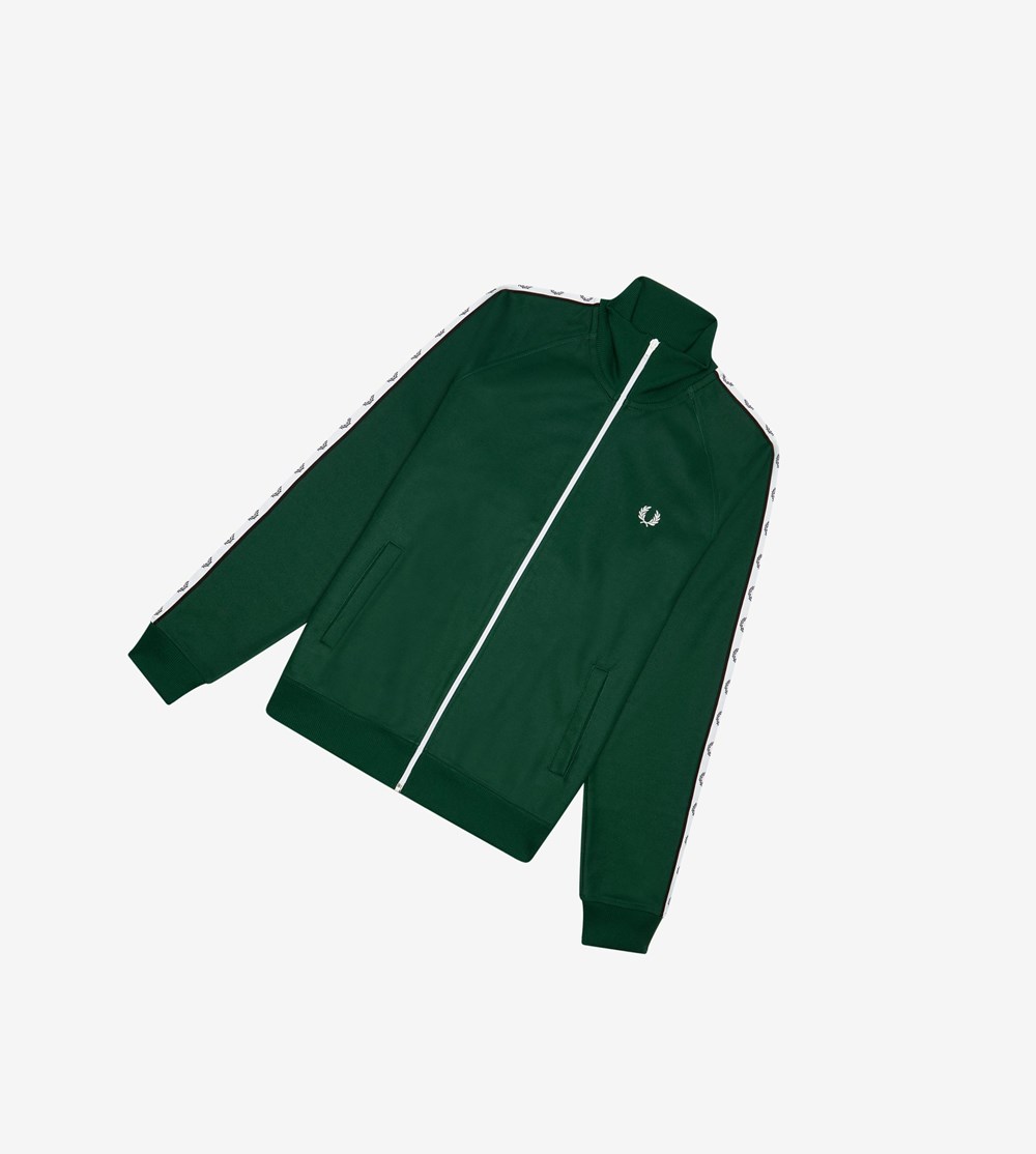 Dark Green Fred Perry Taped Men\'s Track Jacket | AXUVO-9476