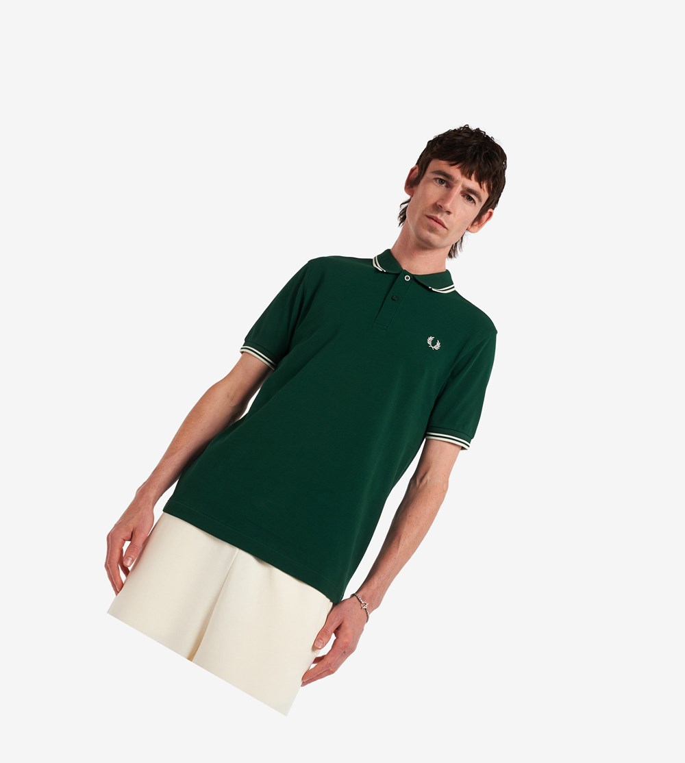 Dark Green / White Fred Perry M3600 Men\'s Polo Shirts | NOPAB-9638