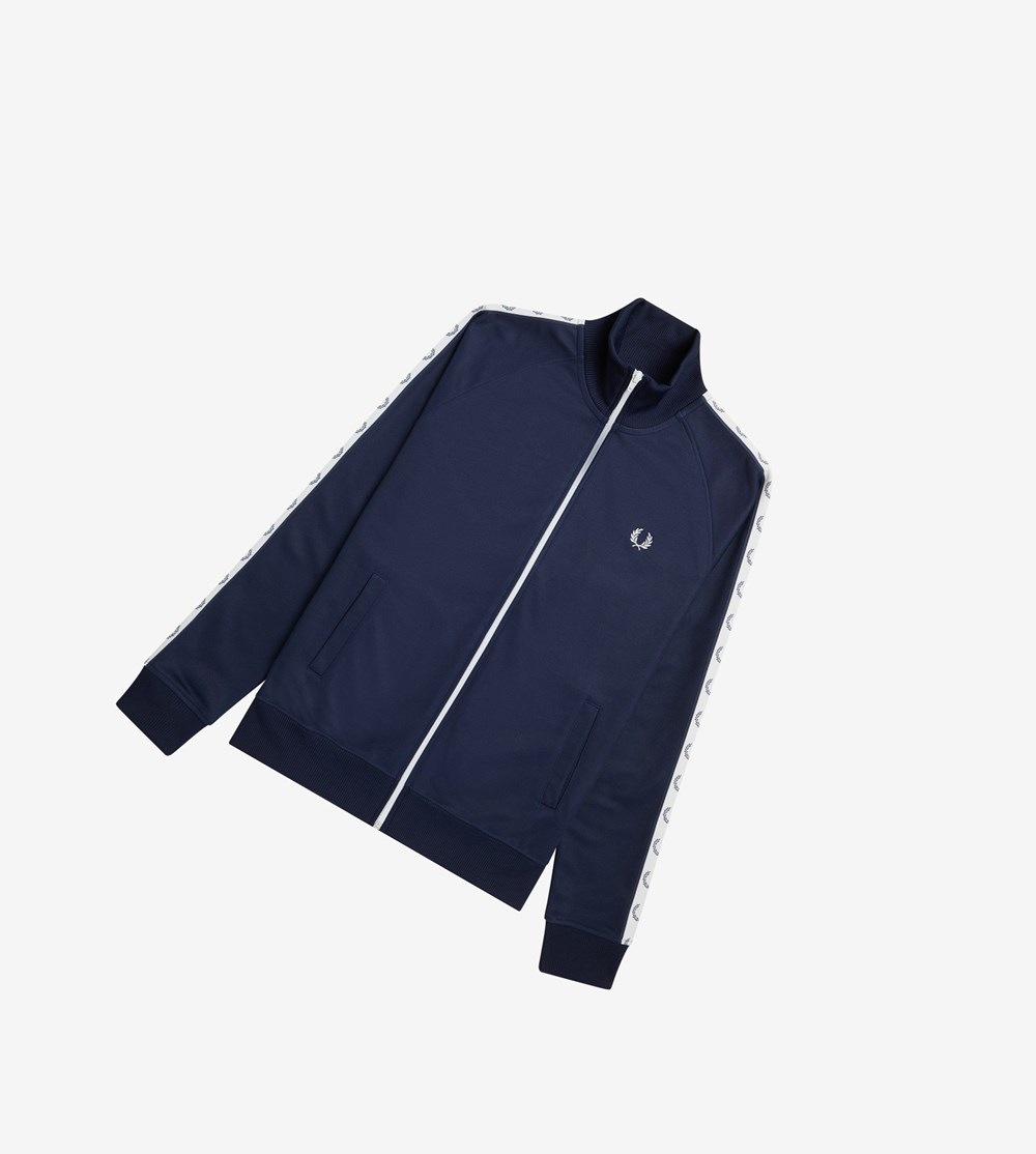 Dark Grey Blue Fred Perry Taped Men\'s Track Jacket | UYLOV-3769