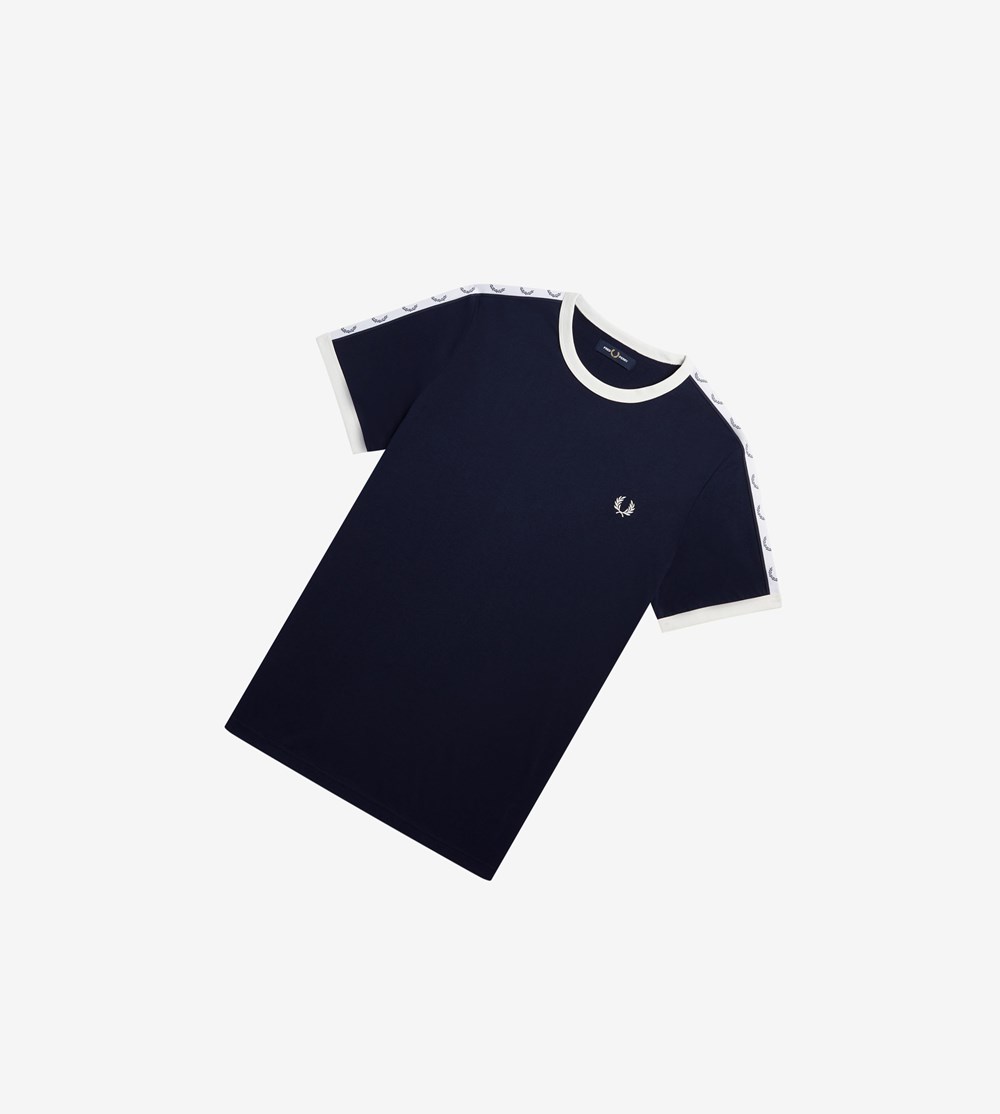 Dark Grey Blue Fred Perry Taped Ringer Men\'s T Shirts | MINQH-6253