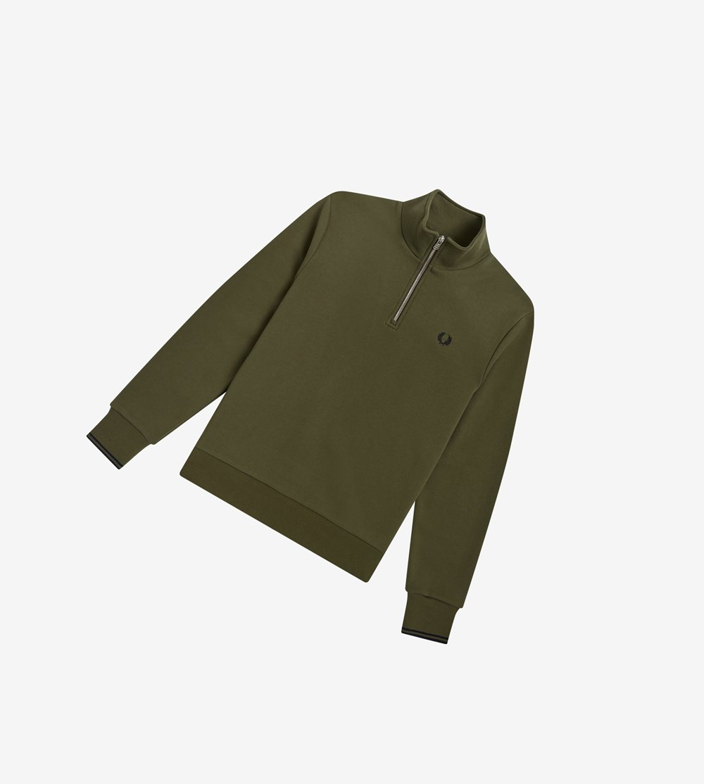 Green Fred Perry Half Zip Men's Sweatshirt | BPHEY-1679