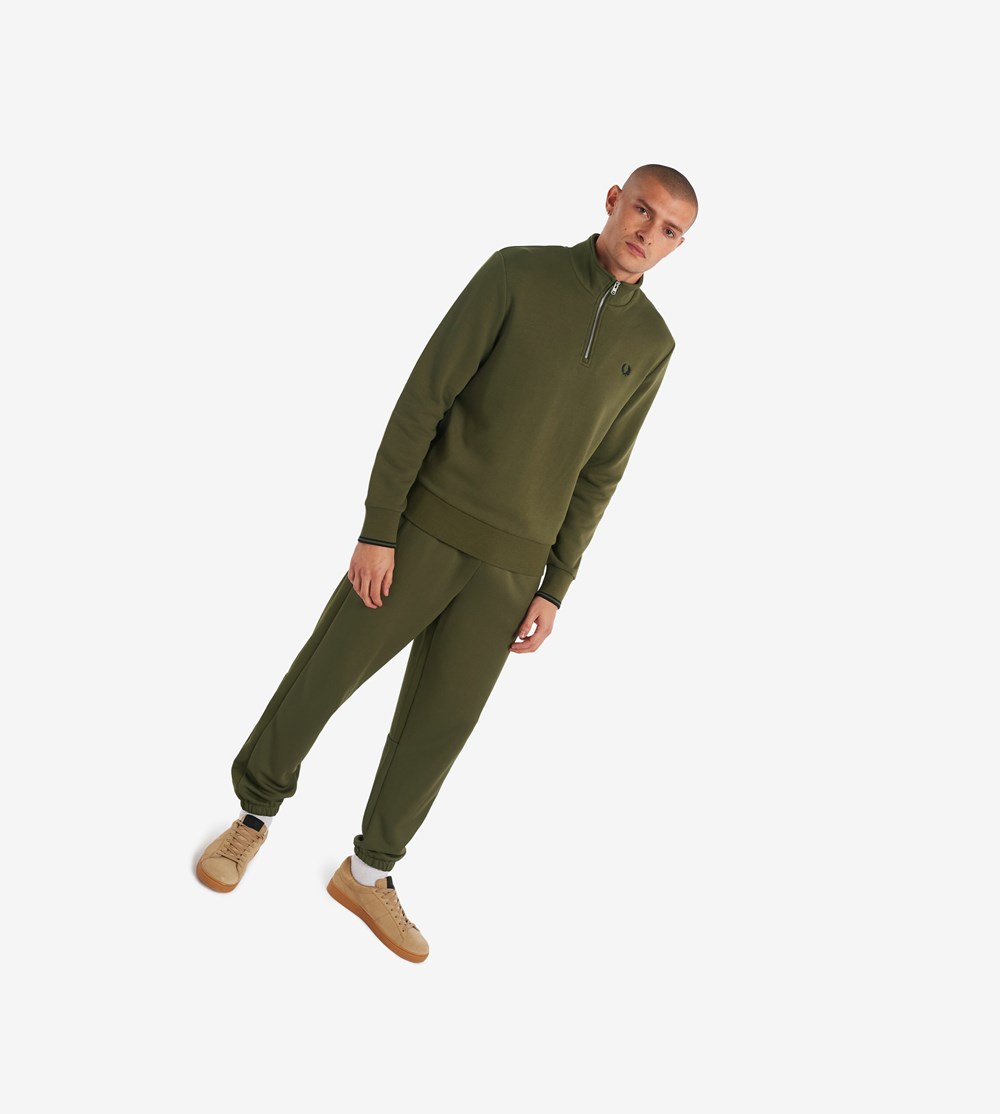 Green Fred Perry Half Zip Men's Sweatshirt | BPHEY-1679