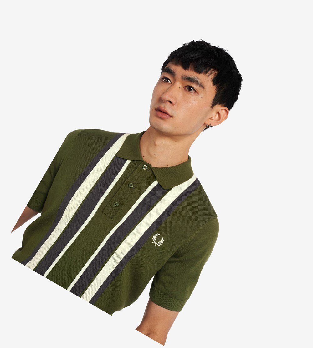 Green Fred Perry Striped Knitted Shirt Men's Knitwear | ZXVKH-4263