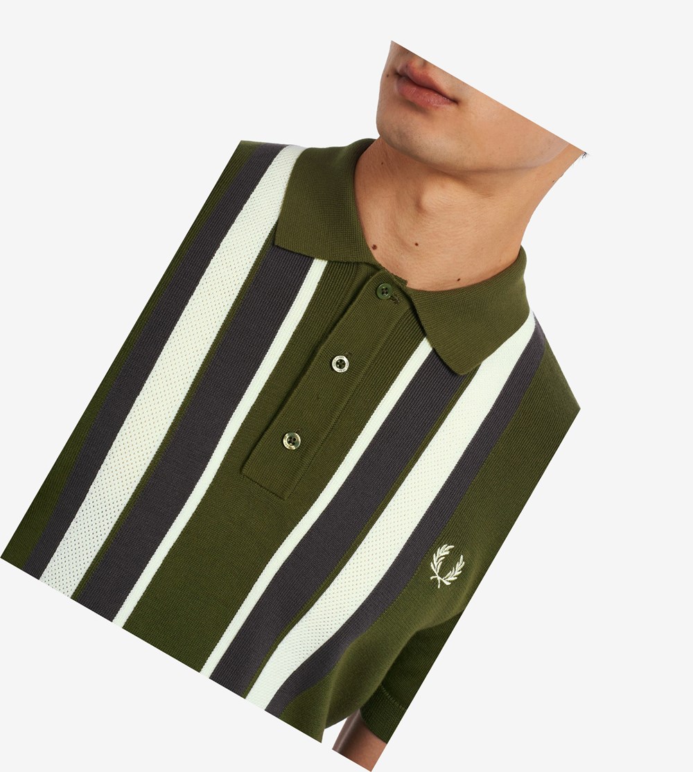 Green Fred Perry Striped Knitted Shirt Men's Knitwear | ZXVKH-4263