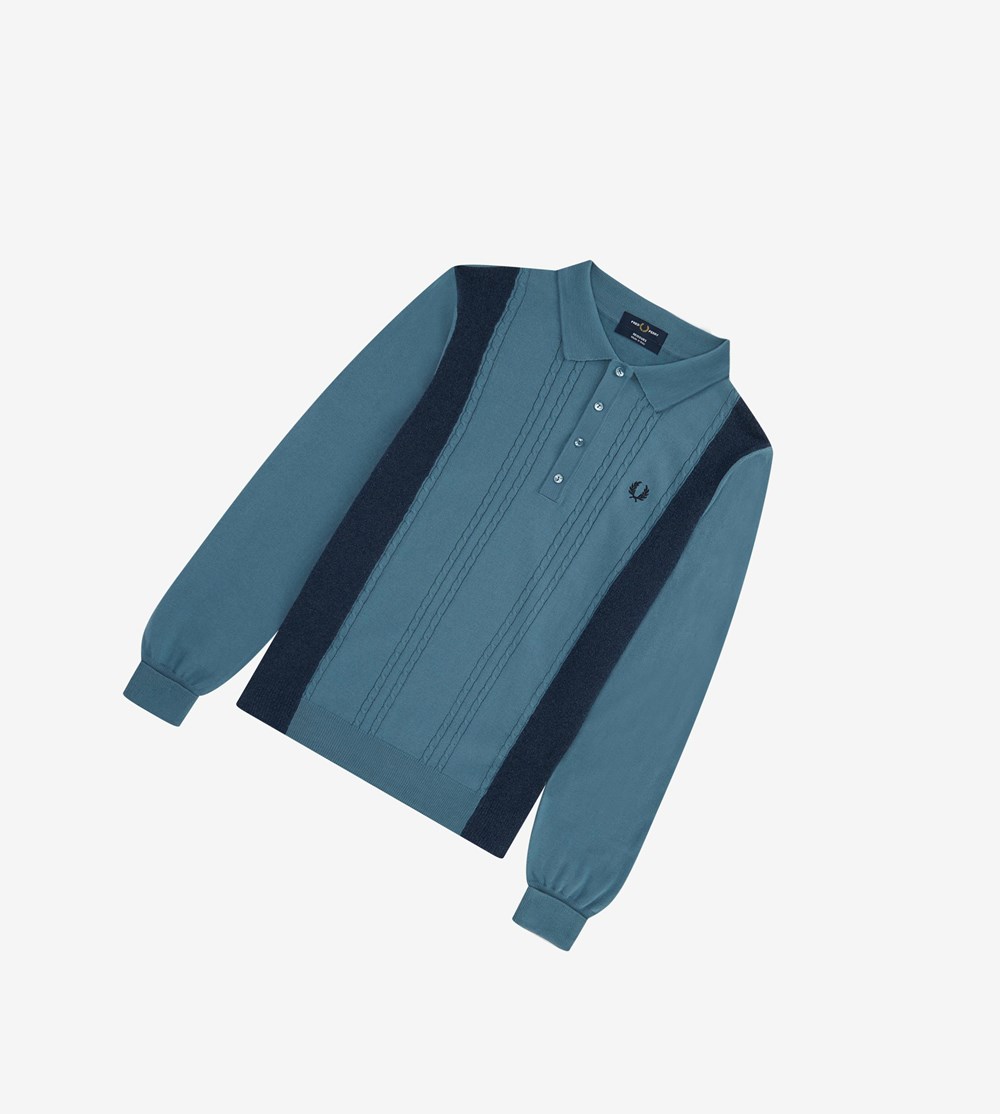 Grey Blue Fred Perry Reissues Panelled Cable Knit Shirt Men's Knitwear | ZYPEQ-0348