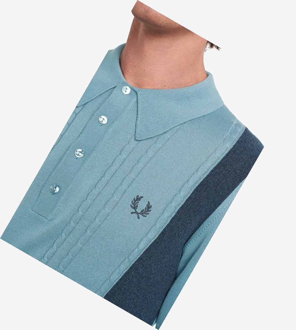 Grey Blue Fred Perry Reissues Panelled Cable Knit Shirt Men's Knitwear | ZYPEQ-0348