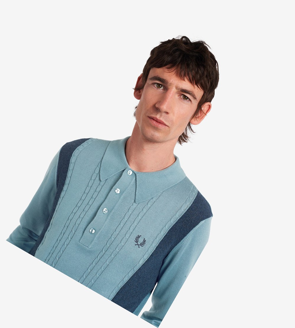 Grey Blue Fred Perry Reissues Panelled Cable Knit Shirt Men's Knitwear | ZYPEQ-0348