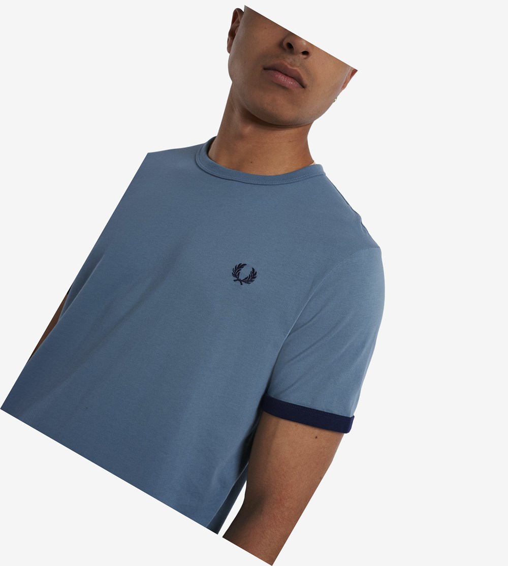 Grey Blue Fred Perry Ringer Men's T Shirts | IGVAT-9407