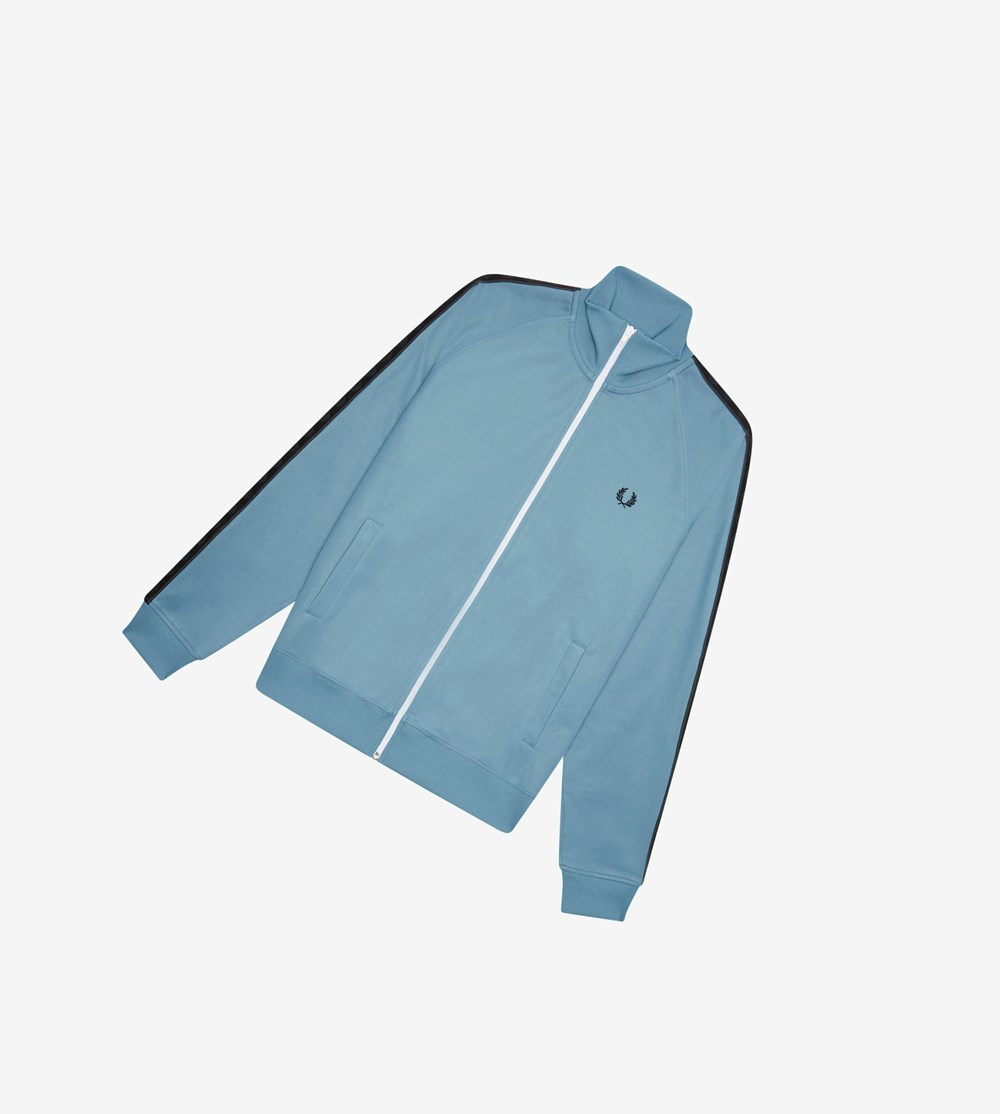 Grey Blue Fred Perry Taped Men\'s Track Jacket | WSRUM-6271