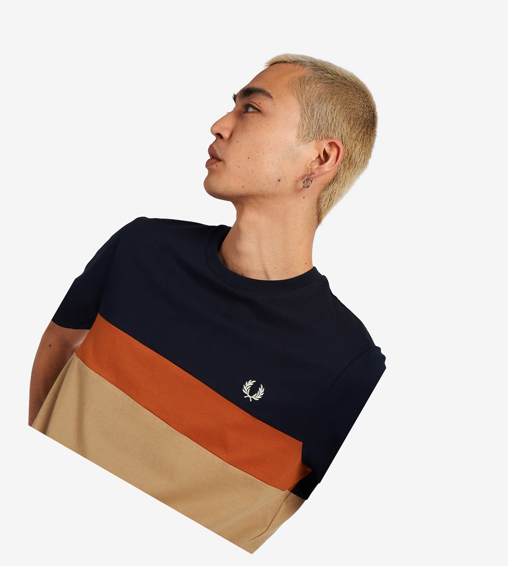 Grey Fred Perry Colour Block Men's T Shirts | FUZYD-1746