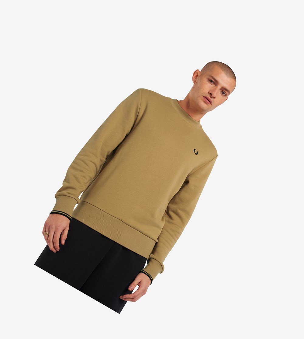 Khaki Fred Perry Crew Neck Men\'s Sweatshirt | GRSPK-6098