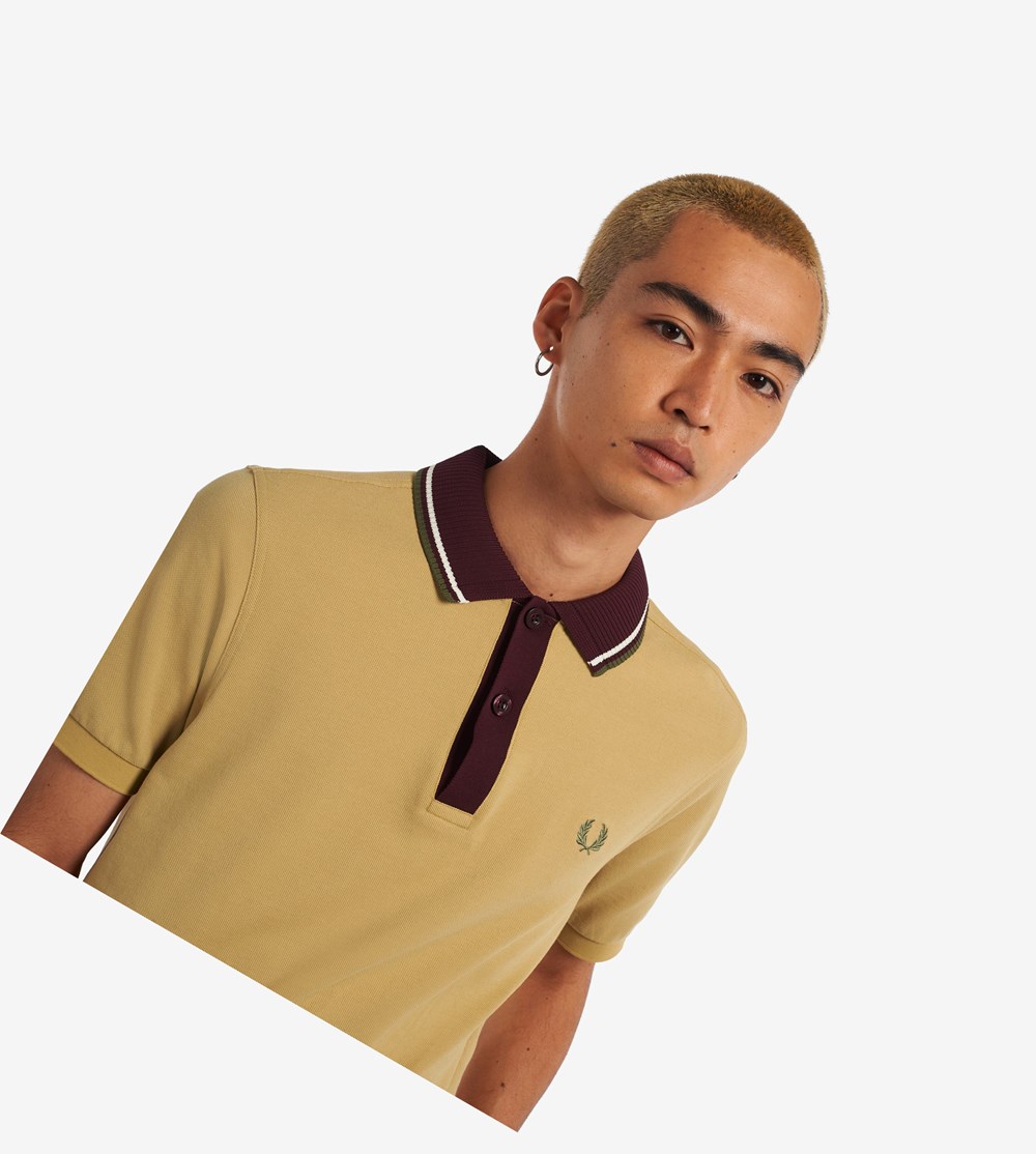 Khaki Fred Perry Knitted Collar Men's Polo Shirts | ZTEUW-2091