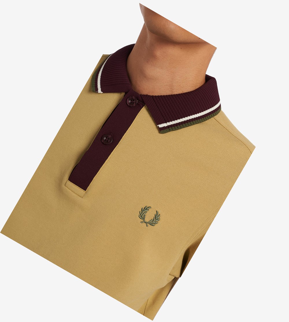 Khaki Fred Perry Knitted Collar Men's Polo Shirts | ZTEUW-2091