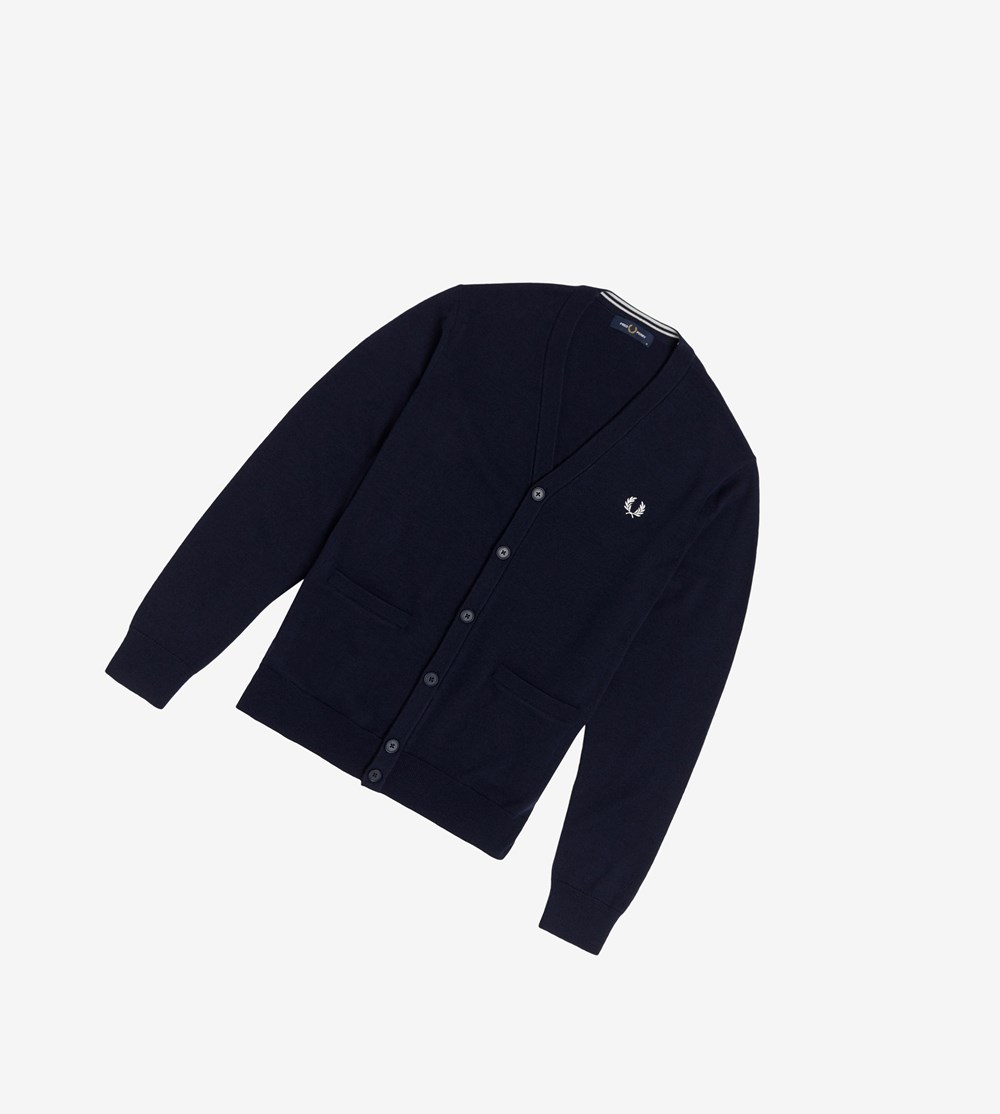 Navy Fred Perry Classic Cardigan Men's Knitwear | VMHET-1408