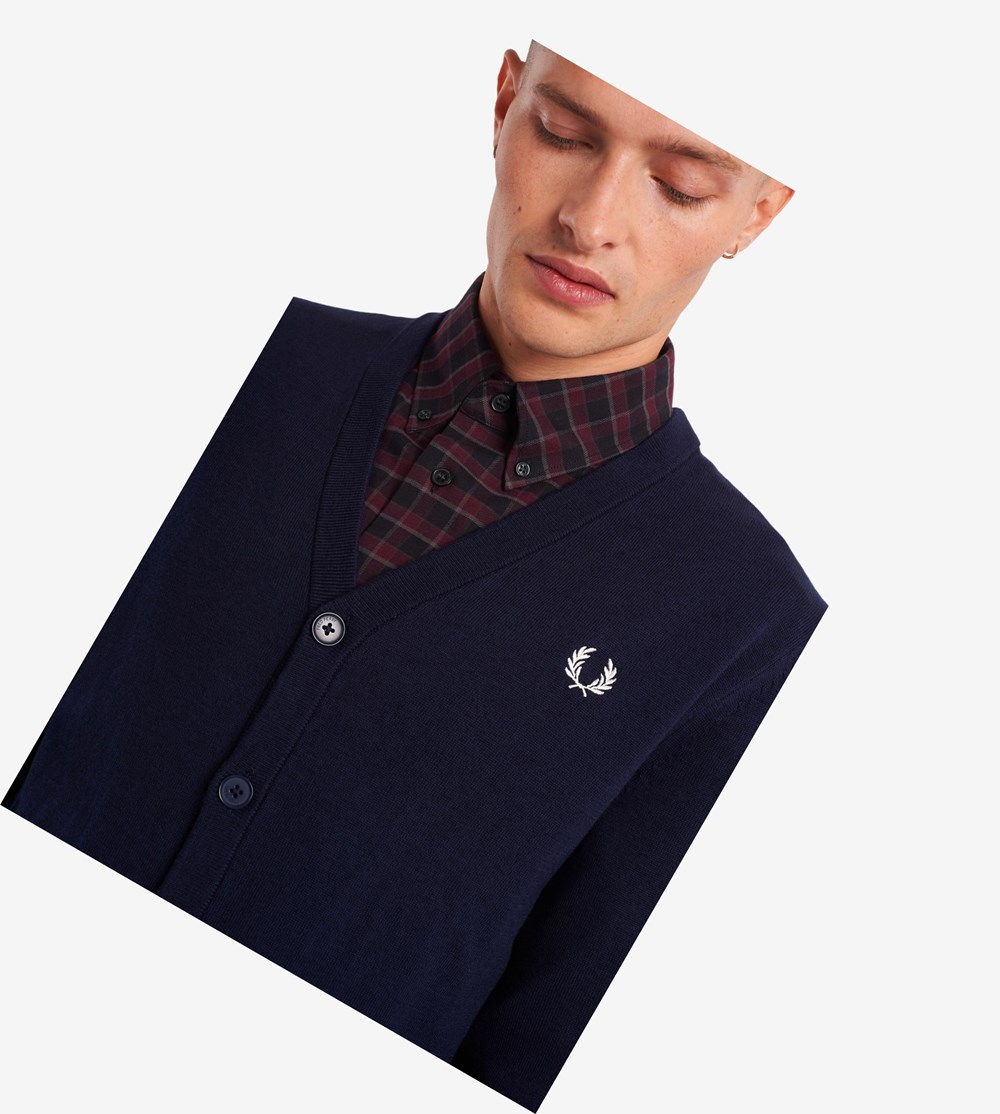 Navy Fred Perry Classic Cardigan Men's Knitwear | VMHET-1408