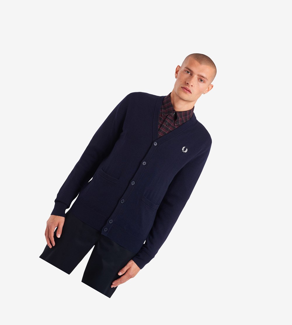 Navy Fred Perry Classic Cardigan Men\'s Knitwear | VMHET-1408