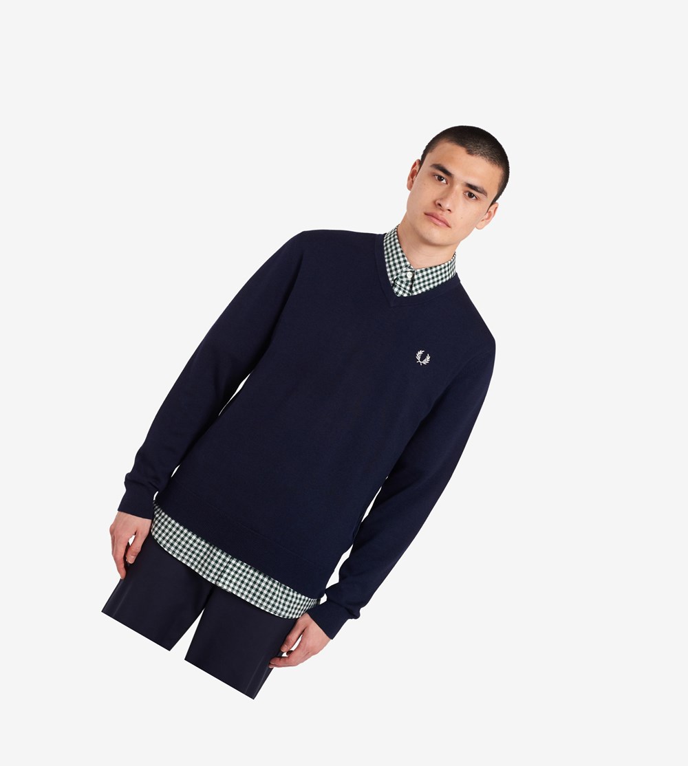 Navy Fred Perry Classic V Neck Jumper Men's Knitwear | VDBKG-4768