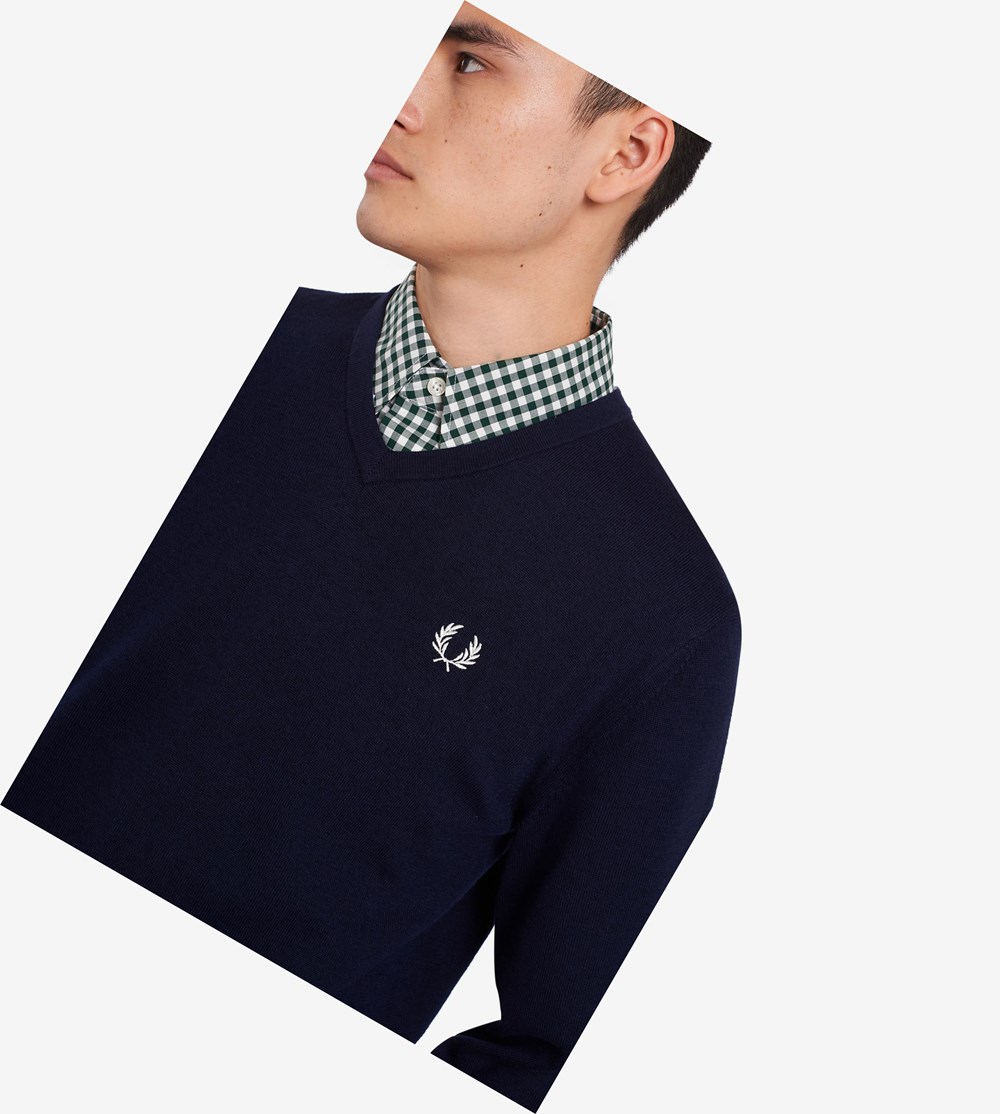 Navy Fred Perry Classic V Neck Jumper Men's Knitwear | VDBKG-4768