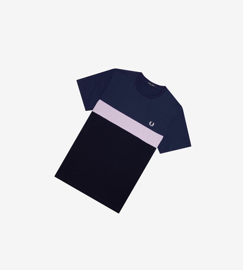 Navy Fred Perry Colour Block Men\'s T Shirts | DJQST-6754