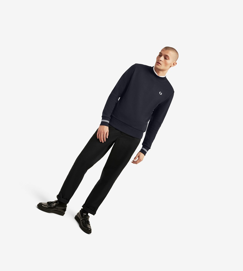 Navy Fred Perry Crew Neck Men's Sweatshirt | KSVFB-8634