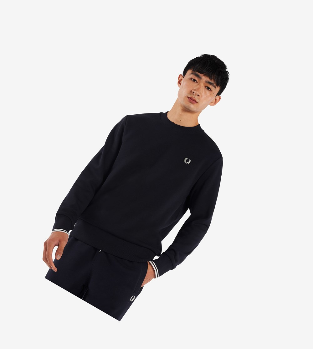 Navy Fred Perry Crew Neck Men\'s Sweatshirt | KSVFB-8634