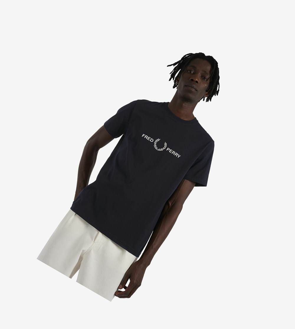 Navy Fred Perry Embroidered Men's T Shirts | ITRSN-0891