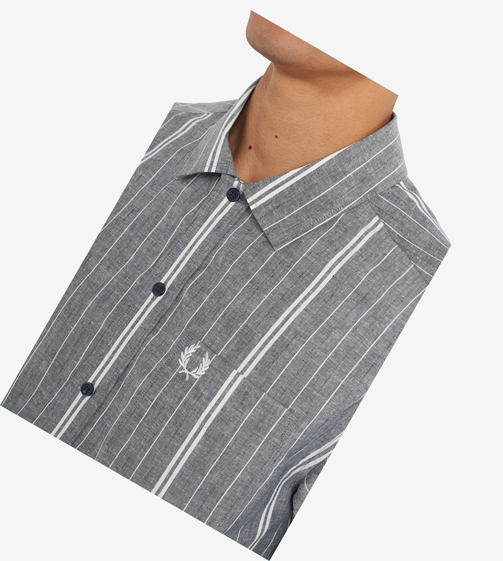 Navy Fred Perry Fine Stripe Men's Shirts | DQGRO-9580