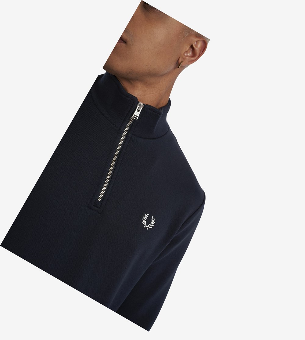 Navy Fred Perry Half Zip Men's Sweatshirt | GFMWD-3165