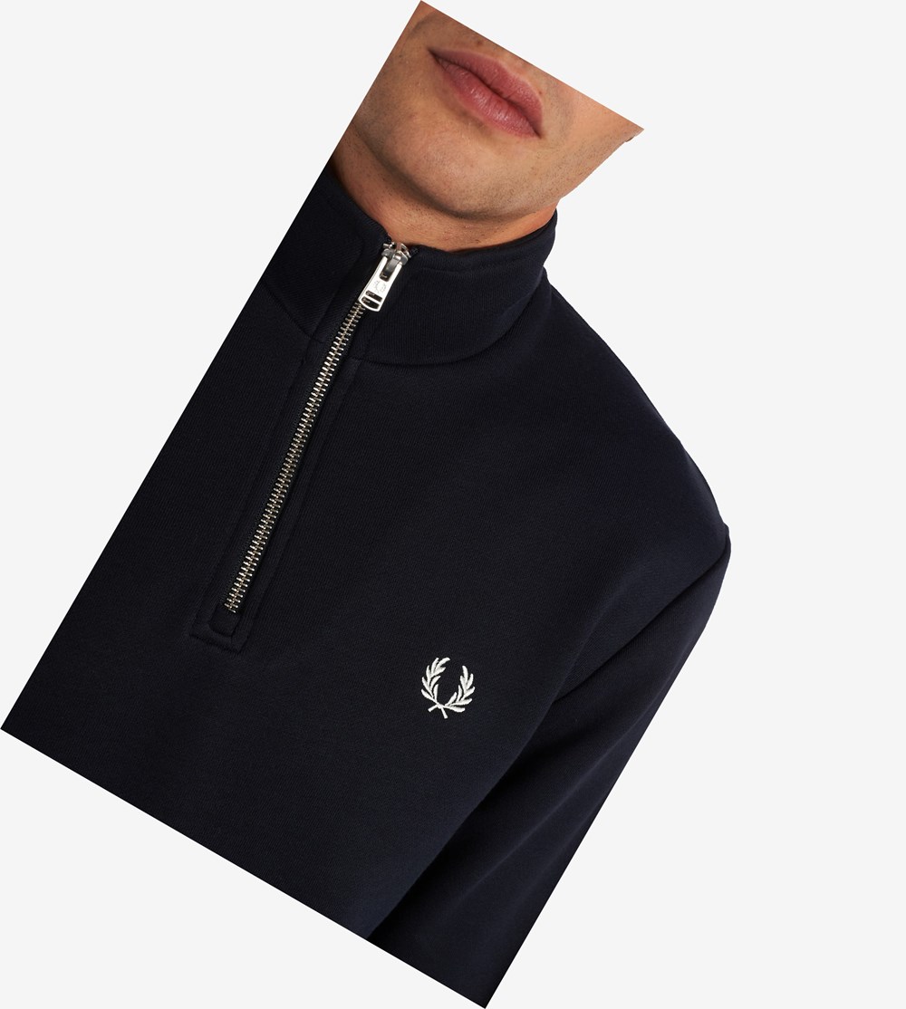 Navy Fred Perry Half Zip Men's Sweatshirt | GFMWD-3165