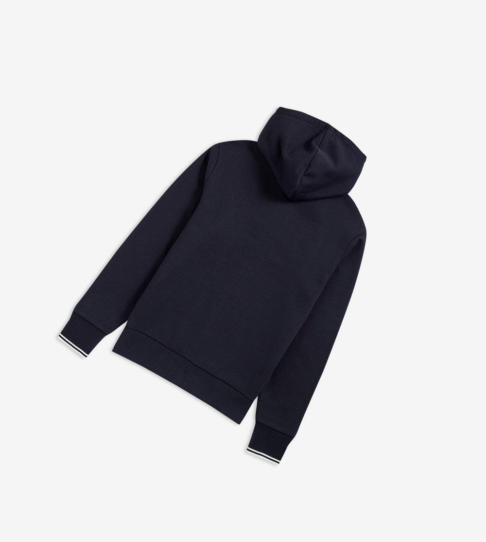 Navy Fred Perry Hooded Zip Through Men's Sweatshirt | UAWMG-0279