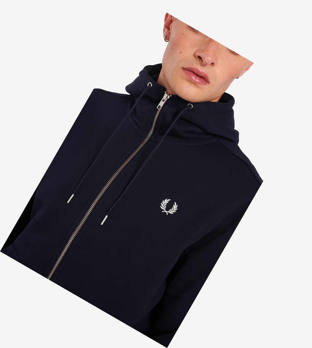 Navy Fred Perry Hooded Zip Through Men's Sweatshirt | UAWMG-0279