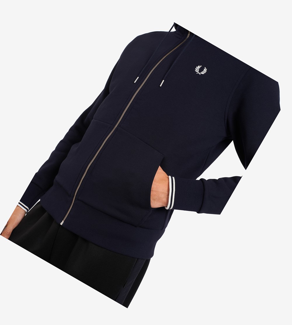 Navy Fred Perry Hooded Zip Through Men's Sweatshirt | UAWMG-0279