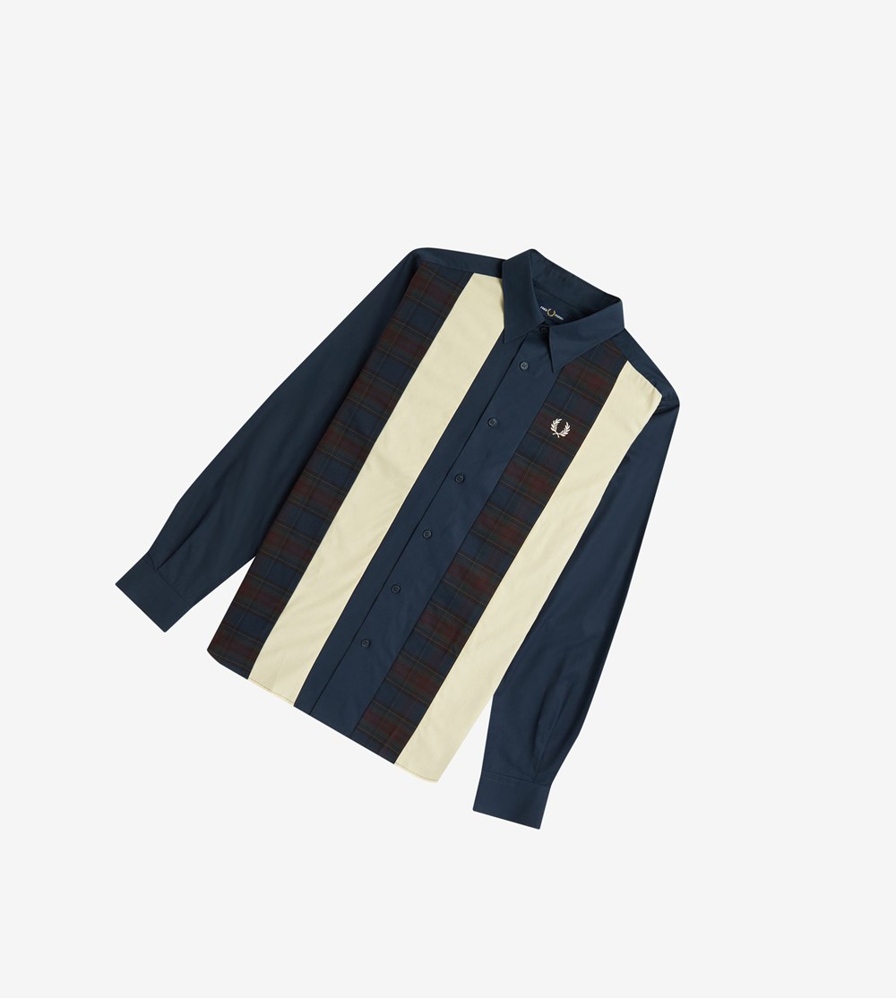 Navy Fred Perry Panelled Men's Shirts | YVUGP-0524