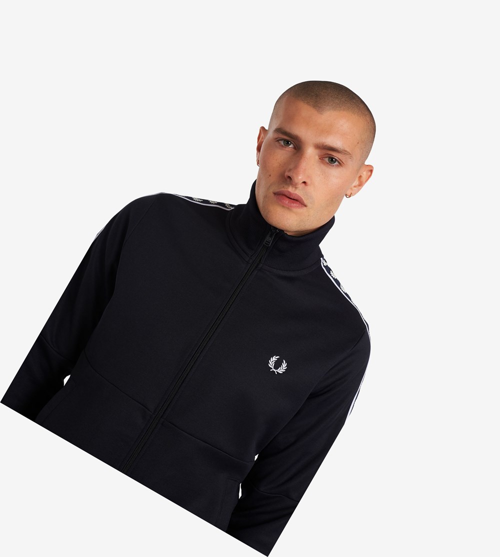 Navy Fred Perry Panelled Taped Men's Track Jacket | SOQFZ-2076