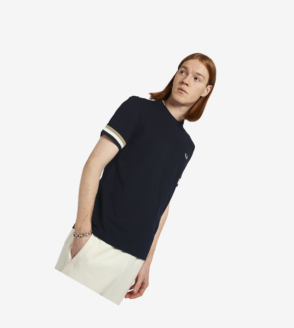 Navy Fred Perry Piqué Men's T Shirts | TAKPQ-8673