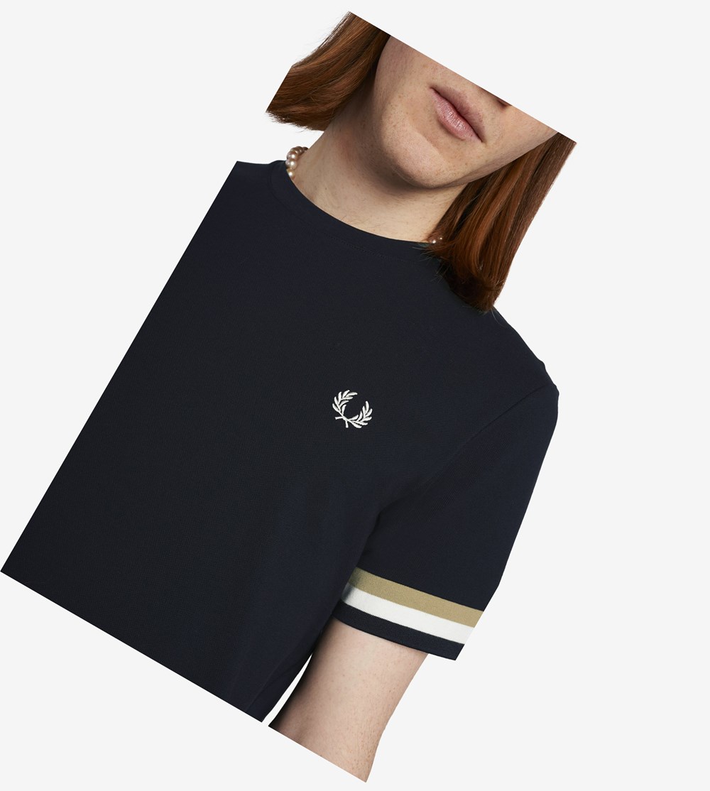 Navy Fred Perry Piqué Men's T Shirts | TAKPQ-8673