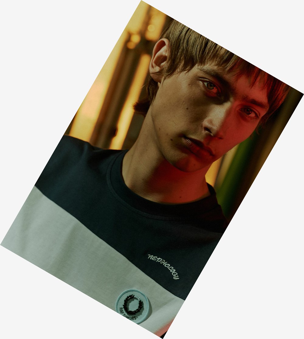 Navy Fred Perry Raf Simons Contrast Panel Men's T Shirts | UXCVE-0581