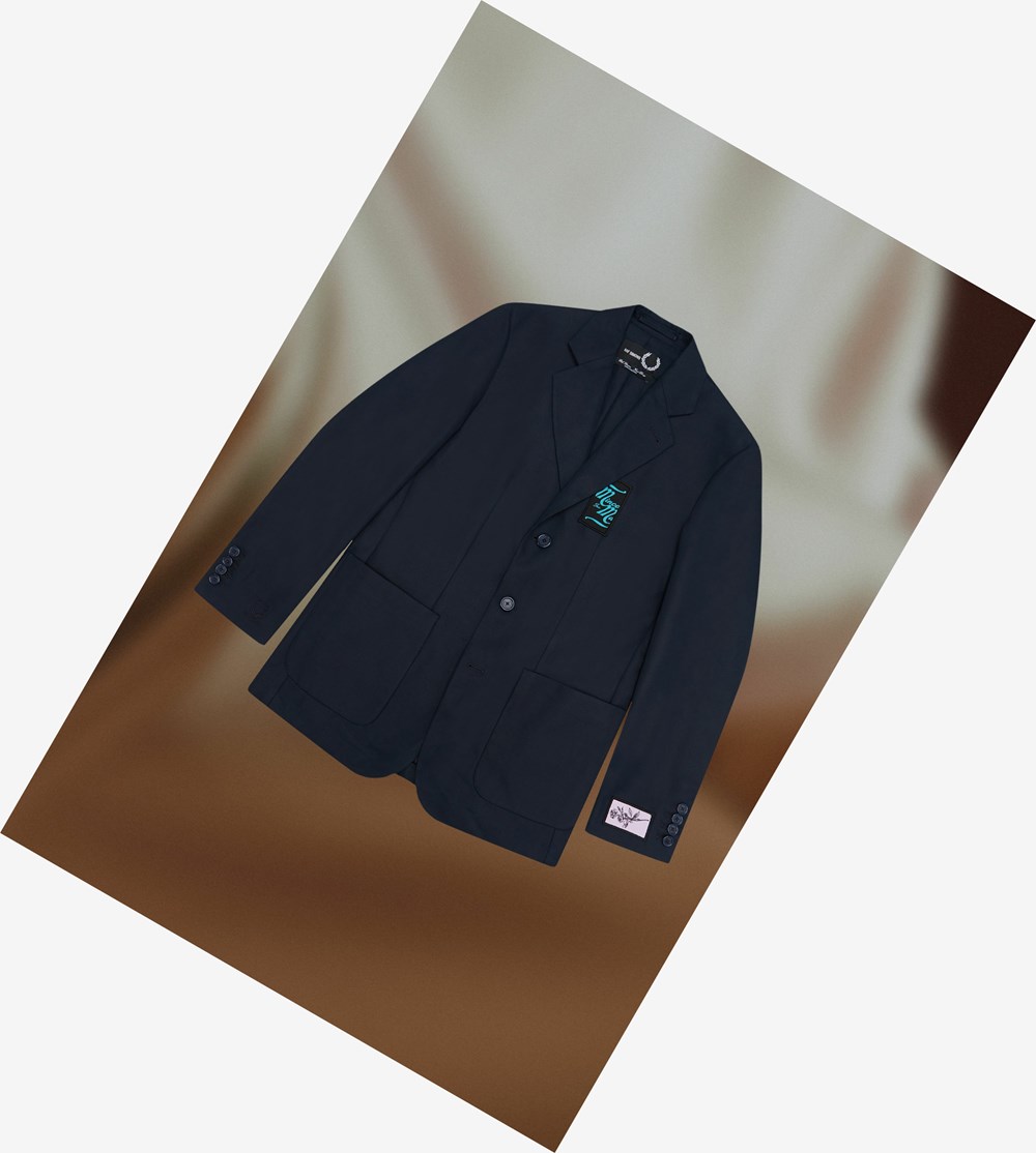 Navy Fred Perry Raf Simons Patch Detail Blazer Men\'s Jackets | DCXYV-0234