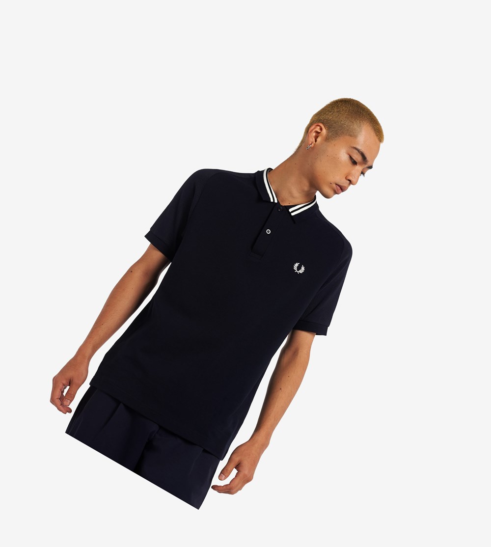 Navy Fred Perry Raglan Sleeve Men\'s Polo Shirts | SYGUX-3279